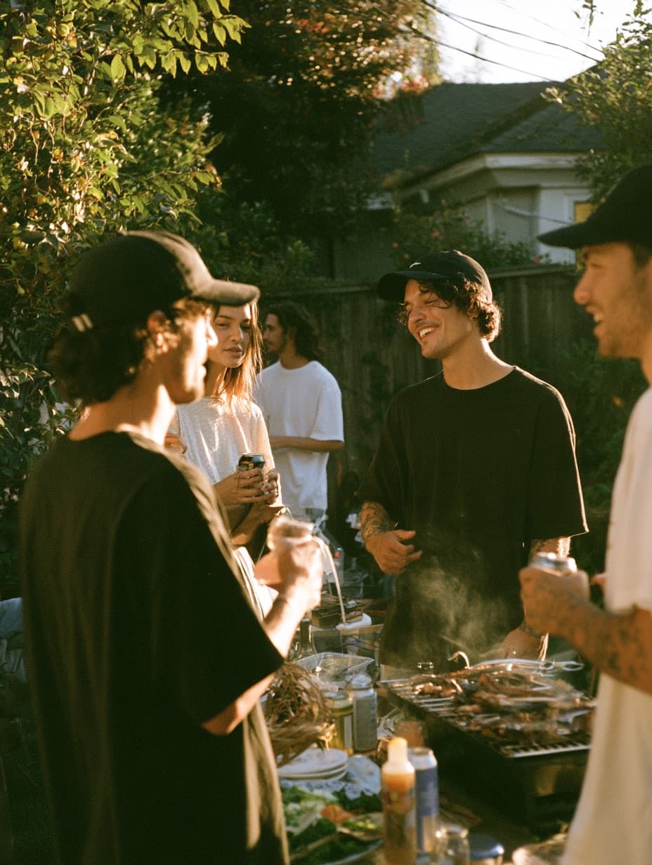 Friends standing around a backyard barbecue in the late afternoon sun