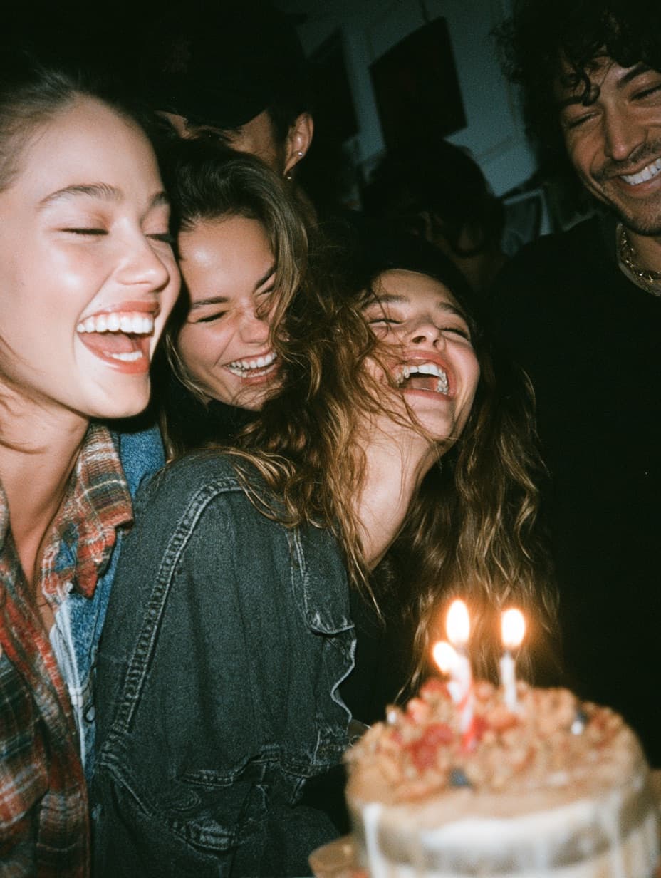 Friends laughing around a birthday cake with lit candles at a house party