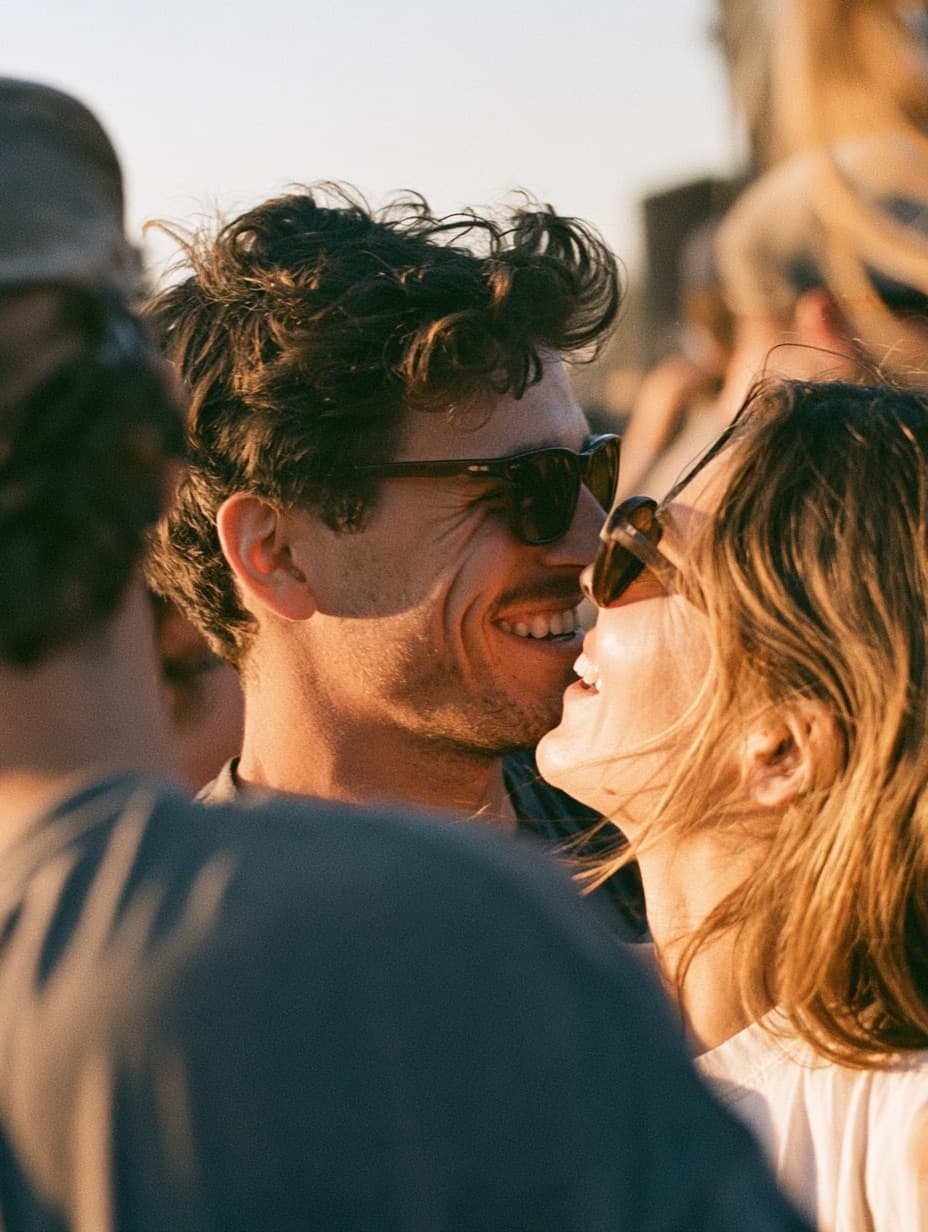 A couple laughing face to face in a crowd at an outdoor music festival