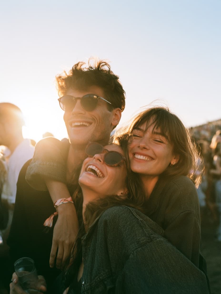 Three friends with their arms around each other at an outdoor festival at sunset