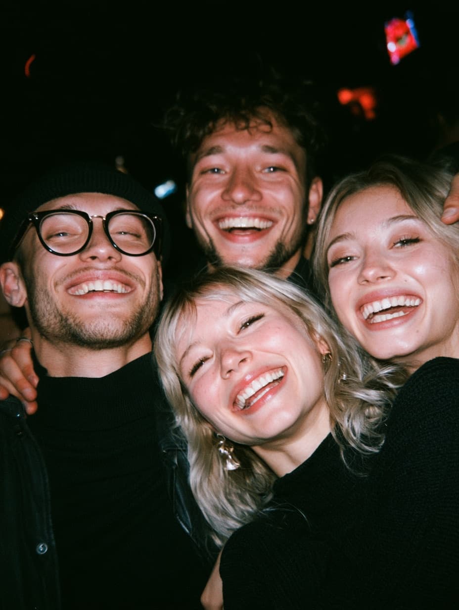 Four friends pressed together laughing in a flash photo late at night